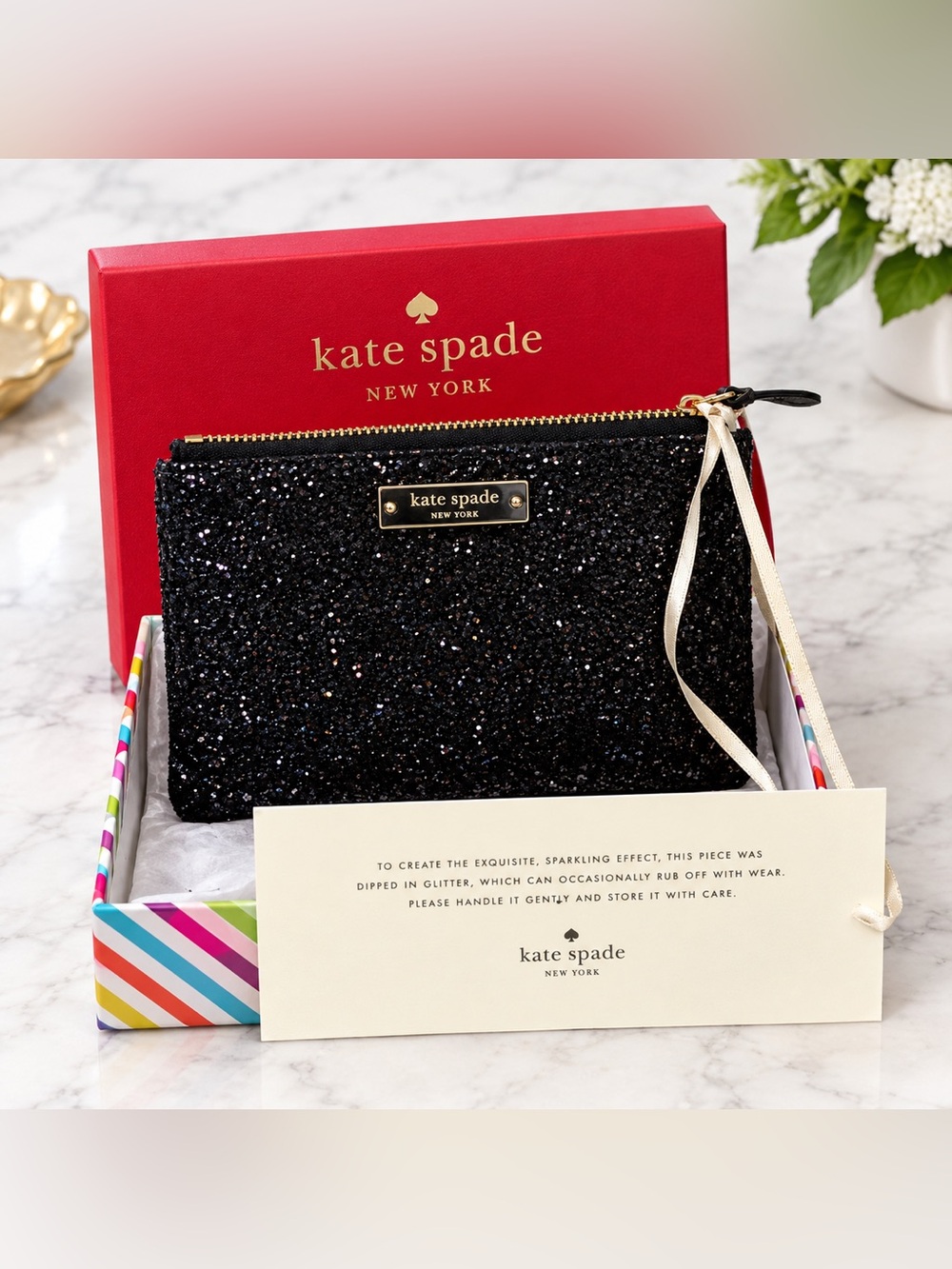 Kate Spade Black Glitter Small Zip Pouch with Keyring- New in Box